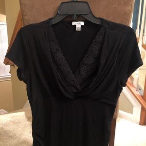 Cache black lace trimmed short sleeve top